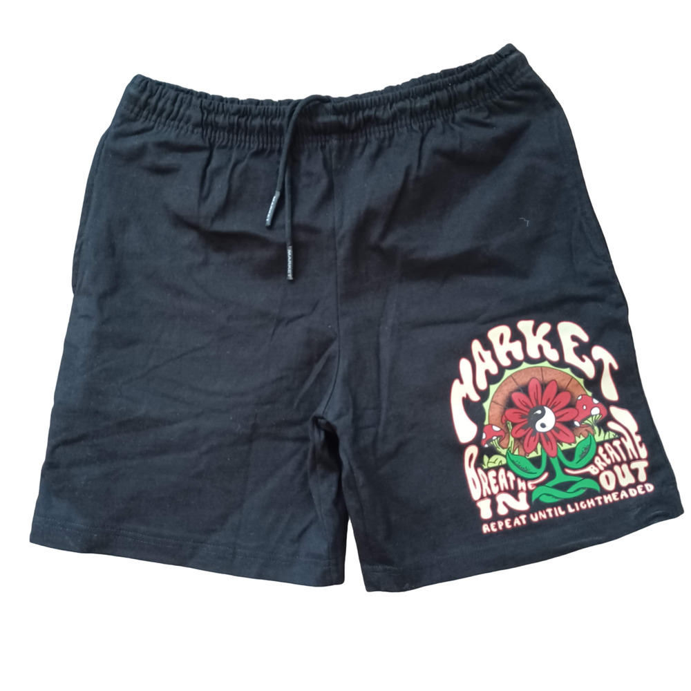 Market Breathwork Black Graphic Print Drawstring Elastic Waist Men's Shorts L